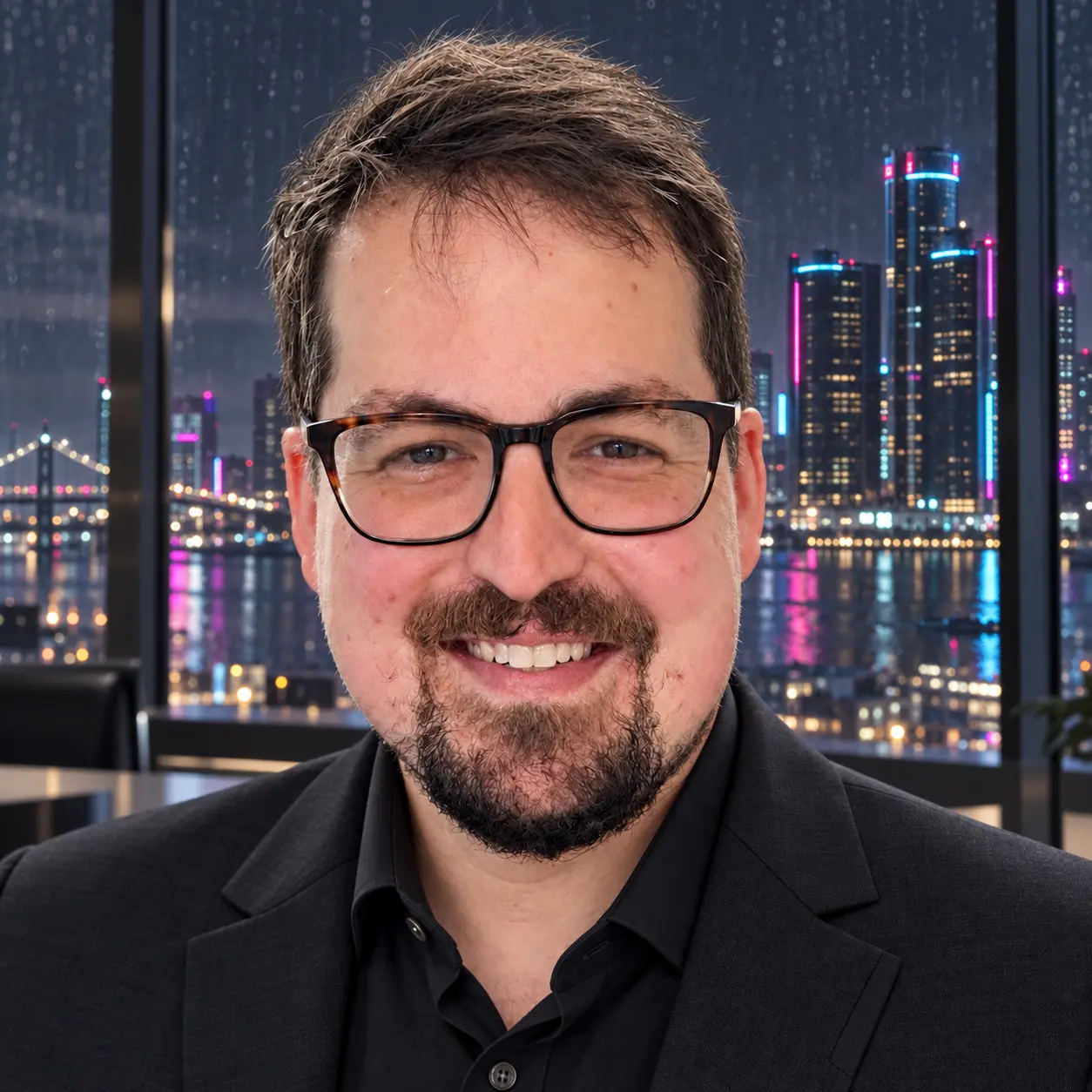 Joseph Carroll smiling, wearing glasses and a black suit, against a neon Detroit skyline